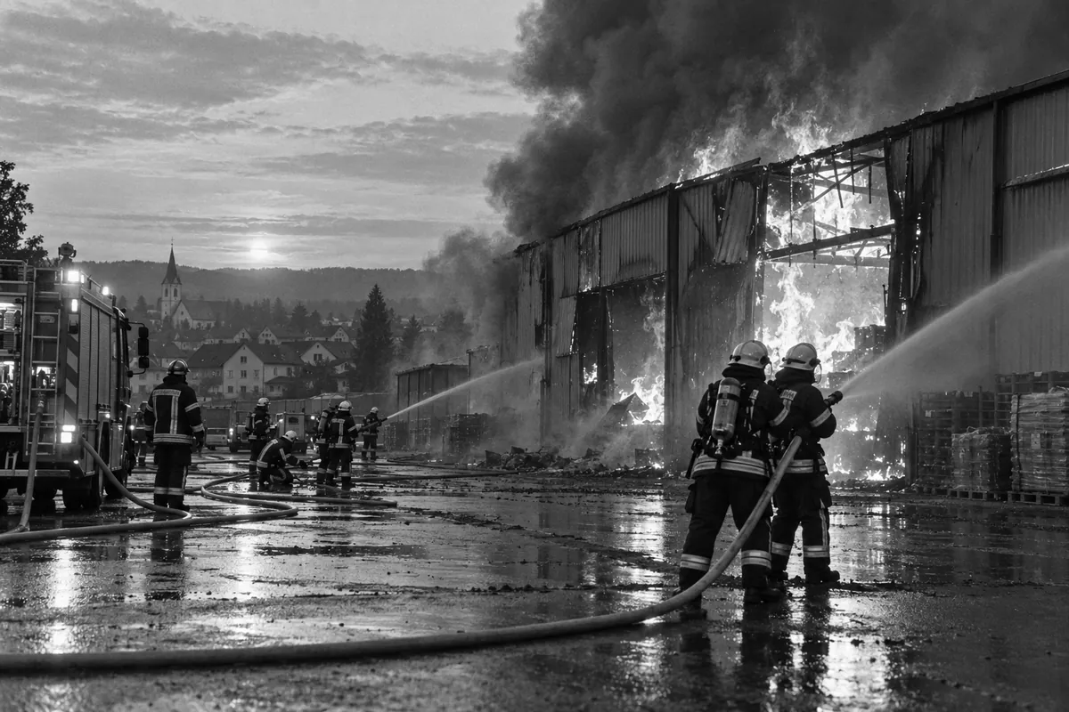 Brennende Lagerhalle als Aufmacherfoto eines Online-Artikels