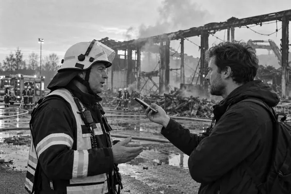 Ein Einsatzleiter der Feuerwehr spricht in das Smartphone eines Reporters