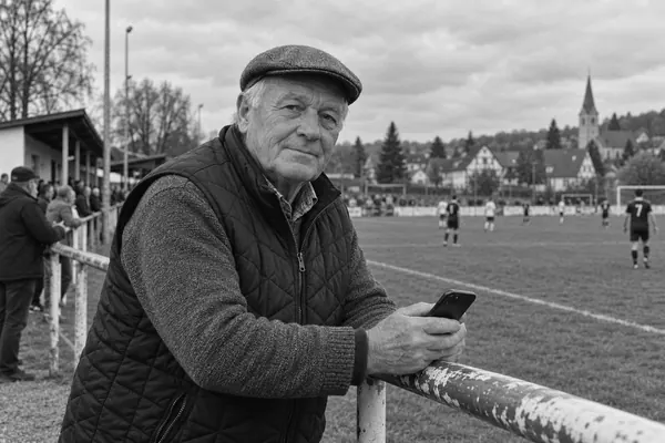 Ein älterer Mann mit Schiebermütze am Geländer eines Sportplatzes