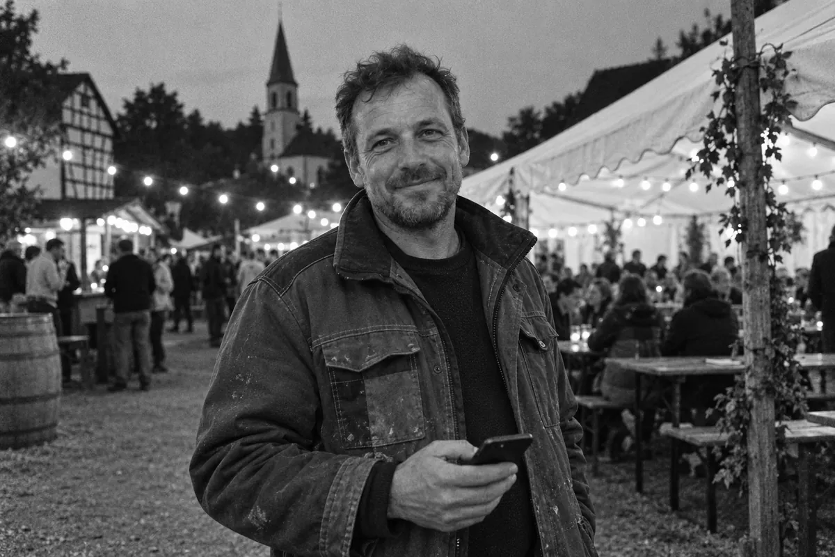 Murat, Elektriker, vor einem Festzelt